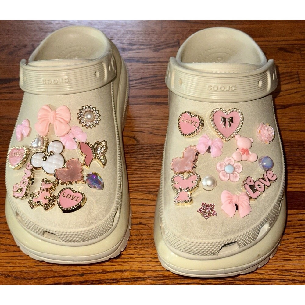 Bling Crocs embellished jibbitz Platform Clog In Pink/Ivory W8